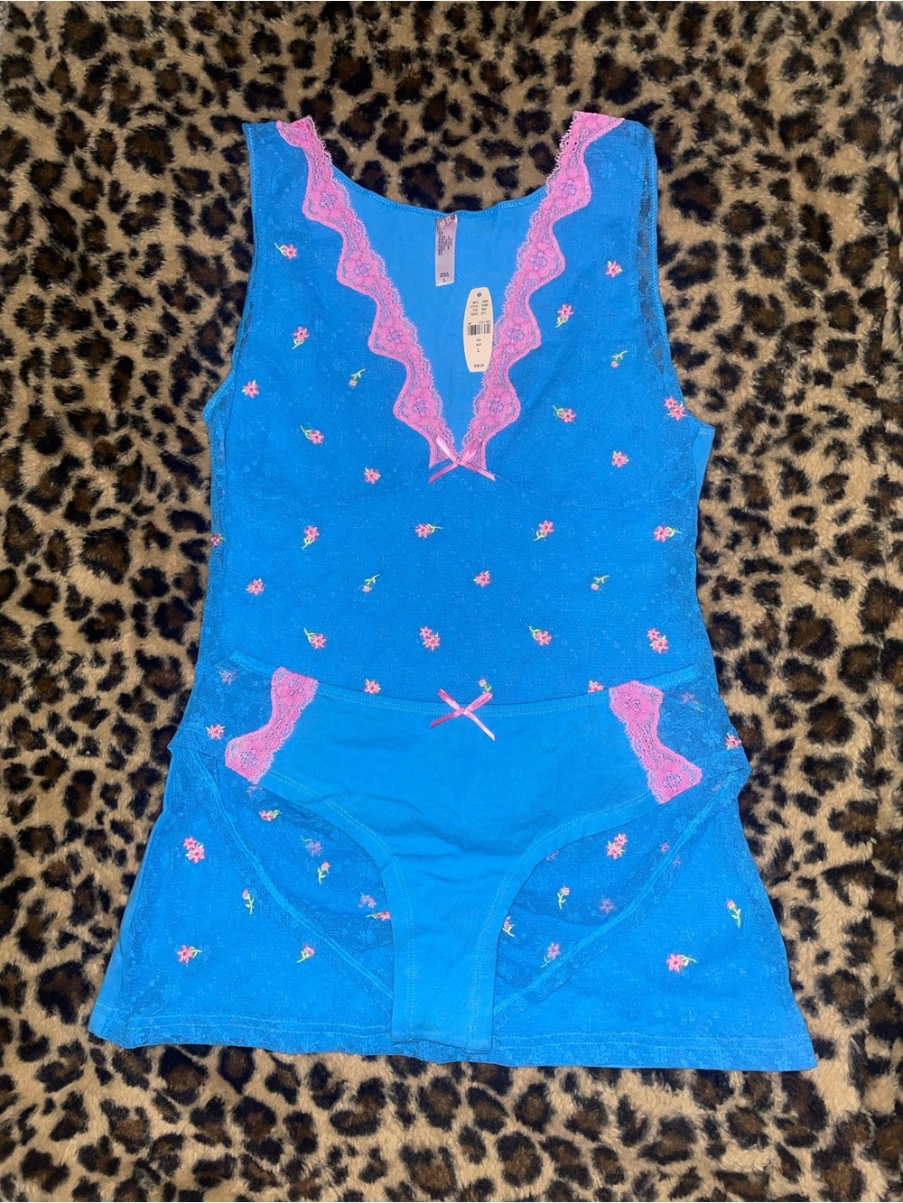 Victoria's Secret Blue Cami & Brief Set with Pink Lace Trim